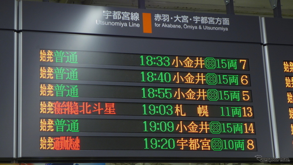 「寝台特急 北斗星」の文字が表示された上野駅の発車案内標。大勢の人がカメラを向けていた。