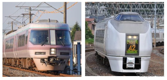上野東京ラインを走る横浜～水戸間の臨時快速『つながーるふくしま号』は、車両をお座敷車「ゆう」（左）から座席車の651系特急形電車（右）に変更される。