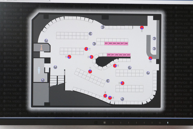 「Gプラス」の「MAP」機能。確認したいカメラや遊技台をクリックして該当映像を呼び出すことが出来る