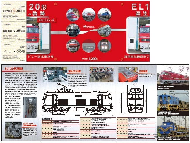 4月11日から発売される、EL120形のデビュー記念乗車券。EL120形の形式図や写真がデザインされている。