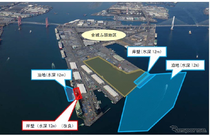 名古屋金城ふ頭の再編改良工事計画　赤い部分が2015年度実施予定で、青い部分が2016年度以降実施
