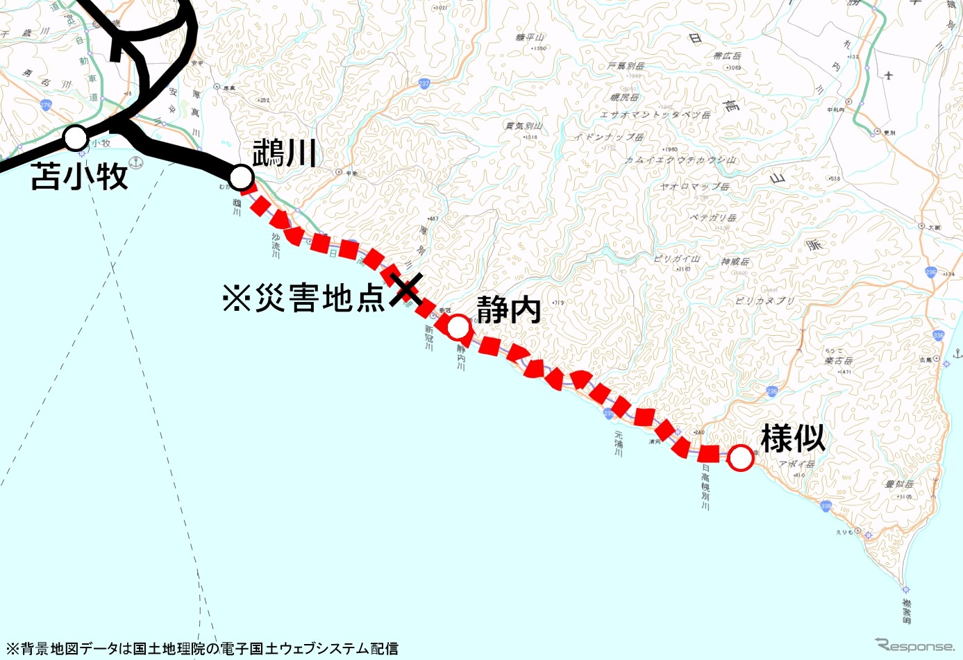 鵡川～様似間が運休中の日高本線の路線図。JR北海道の発表によると、工期は最短でも約30カ月かかる見込みだ。