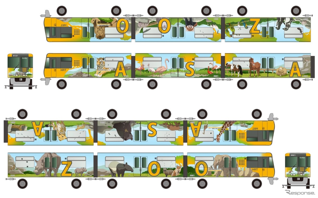 7月以降に運行を開始するラッピング車のデザイン。車体の前後左右に安佐動物公園の動物たちを描いたほか、両側面に「ASA」「ZOO」の文字を配した。