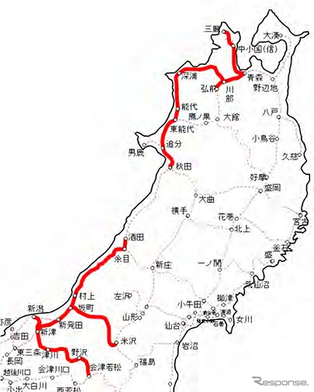 JR東日本は新潟・秋田地区の一部の路線（赤）に新型の電気式気動車を導入すると発表。2017年度から2020年度にかけて63両を投入する。