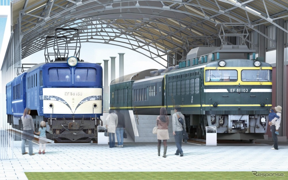 本館に隣接する「旧京都駅上家」のイメージ。『トワイライトエクスプレス』の機関車1両と客車2両など計6両が展示される。