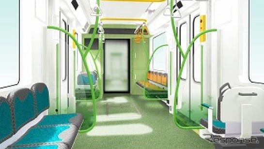 大阪市交通局が南港ポートタウン線（ニュートラム）に導入する新型車両200系の車内イメージ。2種類あり、こちらはグリーン