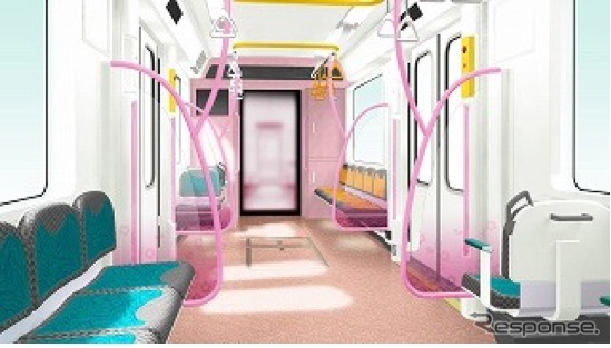 大阪市交通局が南港ポートタウン線（ニュートラム）に導入する新型車両200系の車内イメージ。2種類あり、こちらはピンク