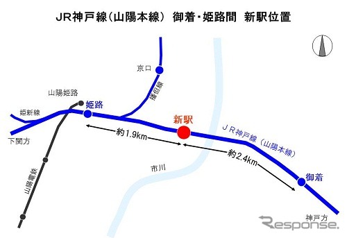 新駅の位置。御着～姫路間のほぼ中間Ｂに位置し、姫路市内を流れる市川の西側に設けられる。