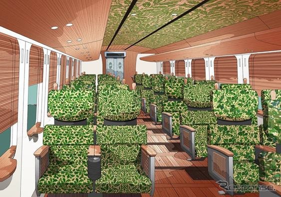 7月18日から5両編成で運行を開始する『ゆふいんの森』のイメージ（車内）。5両編成化に伴い、大型ガラス窓とテーブルを設けた展望スペースなどを設ける。