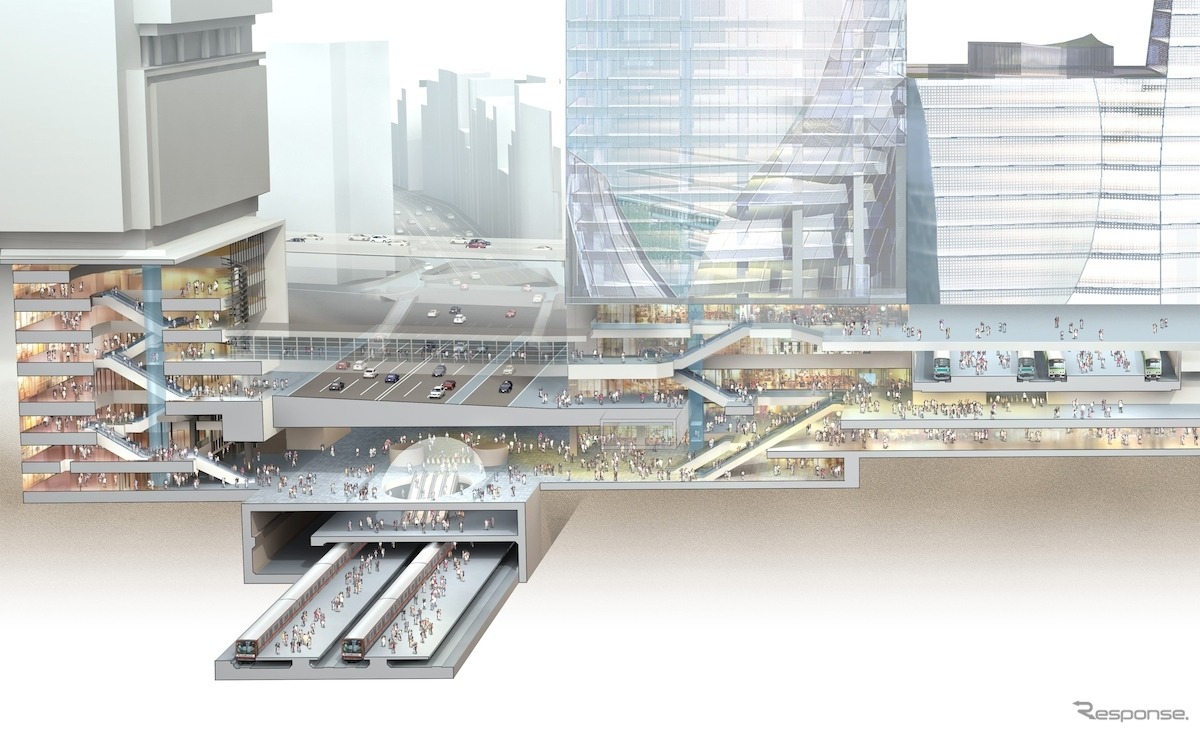 将来の渋谷駅の様子。東口地下広場によって副都心線・東横線とJR線の乗り換えが便利になる