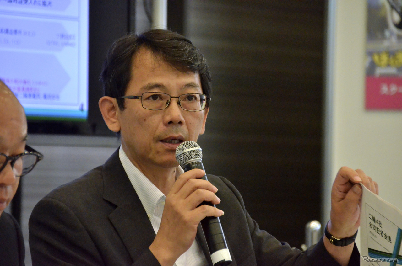 自工会二輪車特別委員会 渡部克明 副委員長（ヤマハ）。8月19日都内、二輪4社合同記者会見にて。
