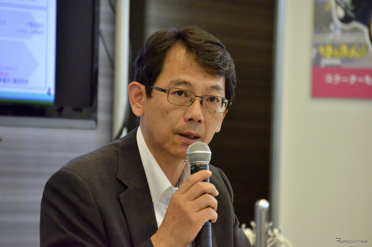自工会二輪車特別委員会 渡部克明 副委員長（ヤマハ）。8月19日都内、二輪4社合同記者会見にて。