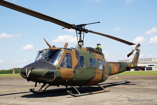 立川駐屯地に配備されている「UH-1」も出動した。機体数としてはこれが一番多いが、今回の豪雨災害の対処で出払い、編隊飛行の実施がキャンセルされることとなった。