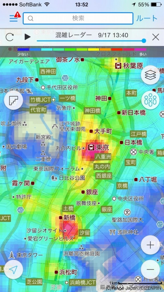 Yahoo！地図アプリ 混雑レーダー