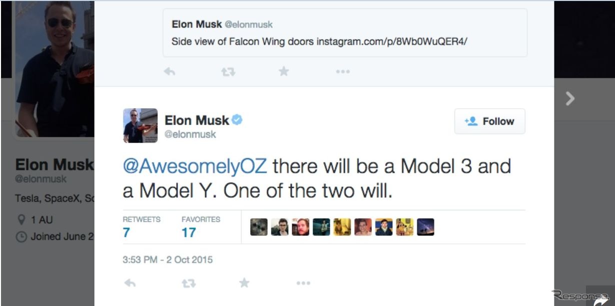 「モデルY」の車名をツイートしたテスラのイーロン・マスクCEOの公式Twitter