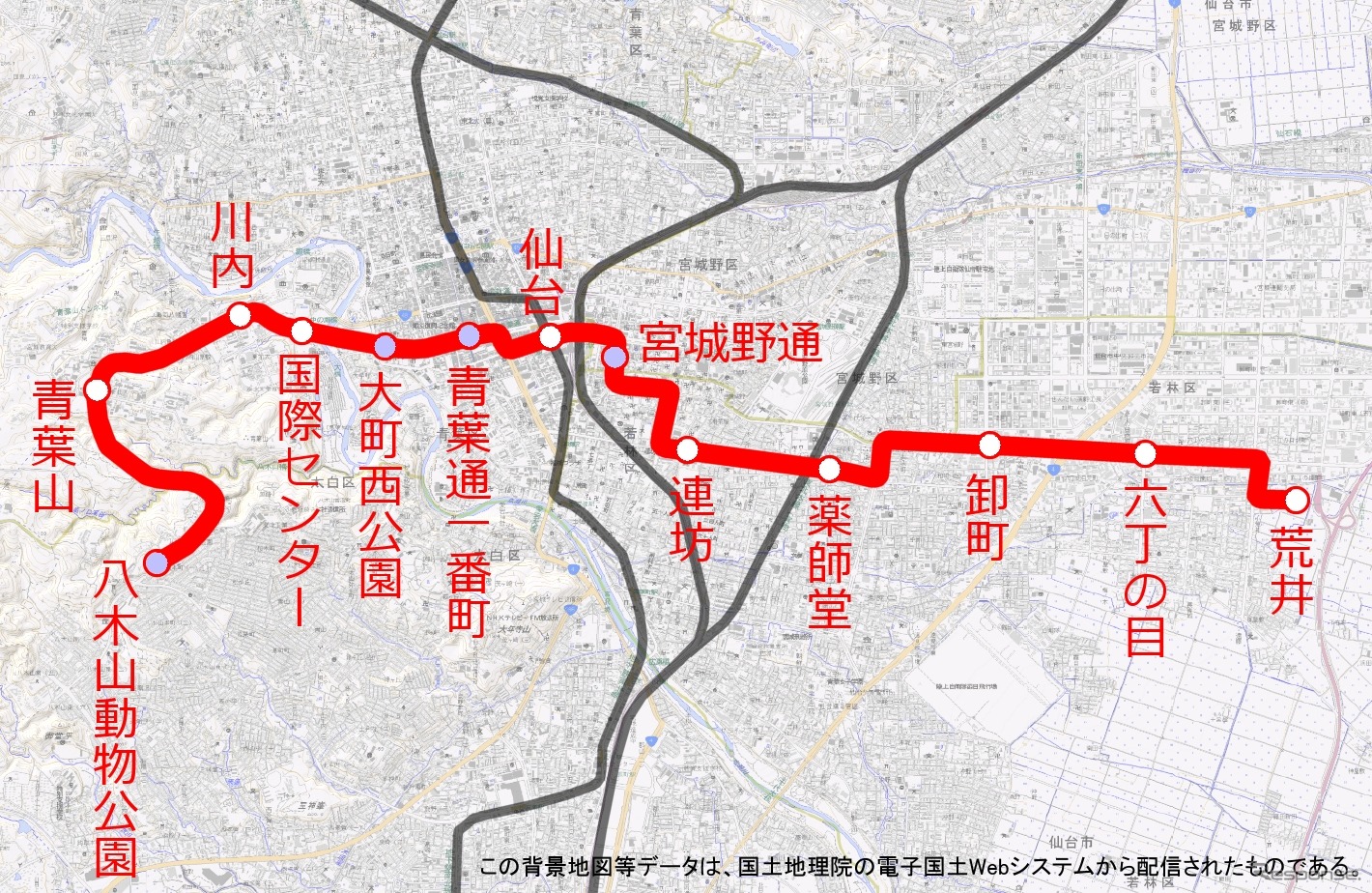 東西線の路線図。仙台市中心部を東西に横断する。