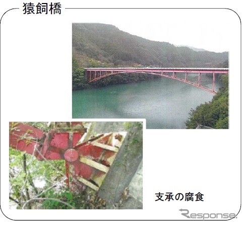 ダム湖をまたぐランガー橋。支承部に著しい腐食が発生。