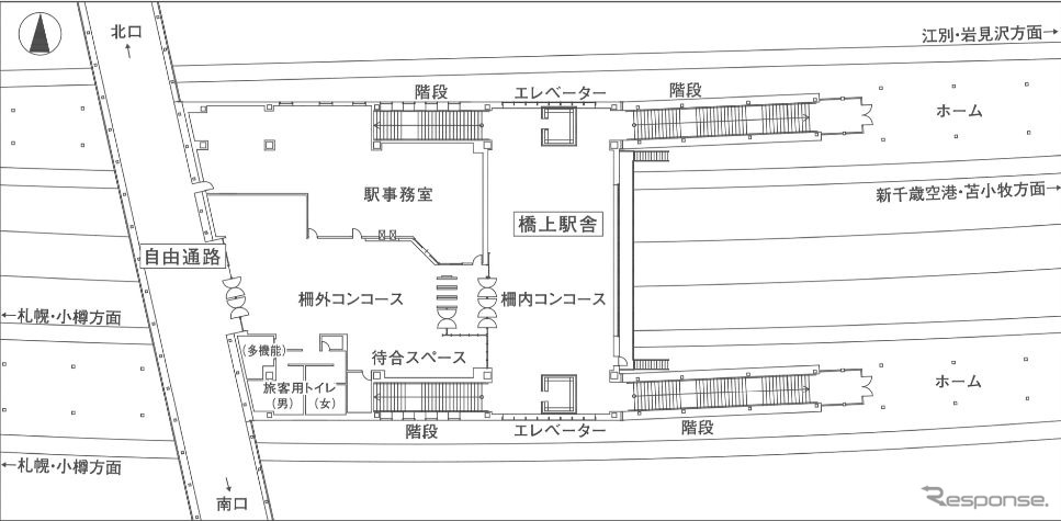 苗穂駅新駅舎の計画図。当初の計画からエスカレーターの設置が見送られ、代わりに大型のエレベーターが設置されることになった。