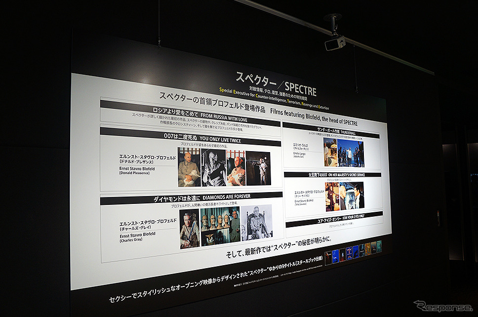 東京・銀座のソニービルで12月13日まで展示されている、ランドローバー『レンジローバー・スポーツ SVR』ボンド映画用特別カスタムモデル。同ビルは、映画『007 スペクター』公開記念イベントを実施中。メイキング映像やボンドガール衣装・パネル展示なども展開している。