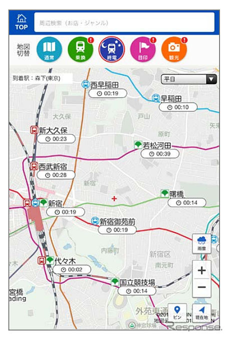 自宅付近の駅など特定の駅（登録可）までの終電時間を地図上で確認できる