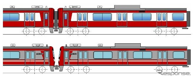 2007年から導入されている車両は一部無塗装としたステンレス車体（下）だが、1800番台は赤白のフィルムで全体を装飾（上）。従来のアルミ車のイメージに近づける。