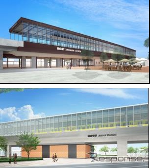 来年3月に高架化される谷山駅（上）と慈眼寺駅（下）のイメージ。谷山駅は高架化に伴い慈眼寺方に100m移転する。
