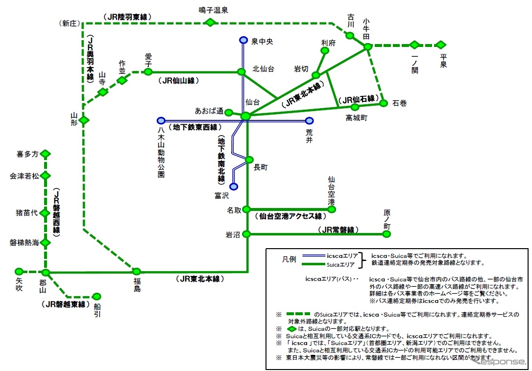 Suicaとicscaの相互利用エリア。icscaで仙台圏のJR線などが利用できるようになる。