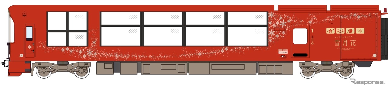 車体は銀朱色をベースに「雪」「月」「花」のデザインを採り入れる。画像は1号車側面のイメージ。