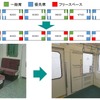 車内端部の設備配置は大きく変更され、クロスシートを撤去するとともにフリースペースを増やす。