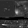 HSC の視野全体（右上）の中央付近に写る元々の観測対象 HCG 59（左上に拡大図） と端に写り込んだチュリュモフ・ゲラシメンコ彗星（下に拡大図）の位置関係