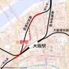 梅田貨物線の地下化区間と新駅の位置（赤）。梅田貨物駅跡地の再開発の一環として行われている。