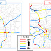 工事前と工事後の高速道路の平均速度（8時台）。工事の影響を面的に把握できた。