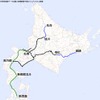 北海道高速鉄道開発が関わる線区（青）を含む維持可能路線のみ残り、北海道新幹線（緑）の札幌開業と並行在来線の経営分離（2030年度末）が実施された場合のJR北海道の路線図。15年後には営業距離が現在の半分以下になる可能性もある。
