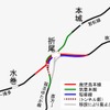 事業完了後の折尾駅付近の路線図。筑豊本線は西側へ回り込むルートに変更される。