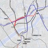 新大阪連絡線のルート（赤）。淡路～新大阪間と新大阪～神崎川間の計画は中止された。