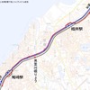 男里川橋りょうが損傷した樽井～尾崎間。単線運転で再開されると、上り列車（青）と下り列車（赤）が両方とも上り線を走ることになる。