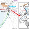 近畿圏空港アクセス整備で検討された4路線の概略。「西梅田・十三連絡線」は関空との直結性が薄く、「なにわ筋連絡線」と「なにわ筋線」のルートが利便性や採算性で有利とされている。