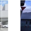 JR野江駅のイメージ（左）と建設中の駅（右）。鎌倉時代の榎並猿楽（能のルーツのひとつ）の発祥がこの地であったことから、駅舎は猿楽の衣装と能の舞台を表現。