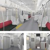 一般列車用SR1系の車内。座席は温かみを示す赤を背面に配し、床面はグレー、壁は白をベースに薄い木目調とする。バリアフリー対応トイレやドア開閉ボタン、車内案内表示などを備える。