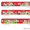 養老鉄道のハローキティラッピング電車のイメージ。桑名市の多度大社など、沿線の観光スポットもモチーフとなっている。