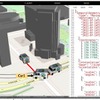 3次元地図上でマッピングされたMF-JSON Prism形式の立体形状の車の移動データの例