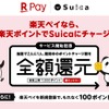 サービス開始を記念して行なわれるキャンペーン。キャンペーンページでエントリーし、アプリでSuicaのチャージに楽天ポイントを利用した人の2人に1人にポイントチャージ分に対して全額（上限1000ポイント）が楽天ポイントで還元されるほか、期間中に初めて『楽天ペイ』アプリにログインし支払元の設定をした場合は、楽天ポイントによるSuicaへのチャージに関係なく、楽天ポイントが100ポイント付与される。