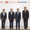 向かって左からトヨタ自動車の豊田章男社長、ダイハツ工業の奥平総一郎社長、スズキの鈴木俊宏社長、CJPTの中嶋裕樹社長