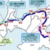 北陸新幹線の並行在来線。紫の破線が福井県内の並行在来線。
