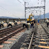 東北新幹線での軌道変位の修復作業。