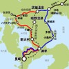 西九州を2日で1周する『ふたつ星4047』の運行ルート。西九州新幹線が山側を走るのに対して、『ふたつ星4047』は海側を走る。