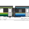 『SATONO（さとの）』のサイドビュー。1号車は「草木の芽吹く様子を表した若葉色や、深い山々をイメージした」という濃い緑、2号車は「清らかで雄大な川の流れや広い空を表した水色や、深い海をイメージした」という濃い青をベースカラーとし、東北地方の豊かな風土を表現。