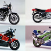 カワサキの名車たち。ZEPHYR、KH400、GPZ400R、ZXR400R。
