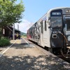 ハヤブサのラッピングが施された若桜鉄道の車両