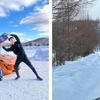 走行会に参加した動画クリエイター（左）/御岳スノーランドでの雪道走行の様子（右）